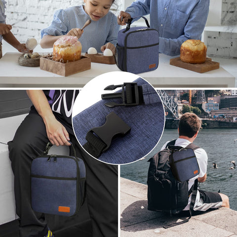 Femuar lunch box blue side pockets hold drinks or snacks.