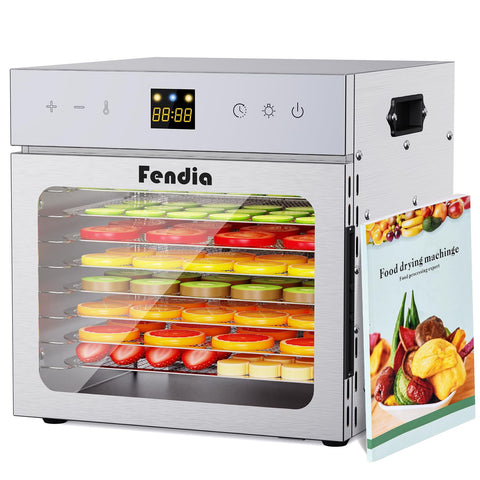 Fendia dehydrator front view with eight-tray capacity for jerky and snacks.