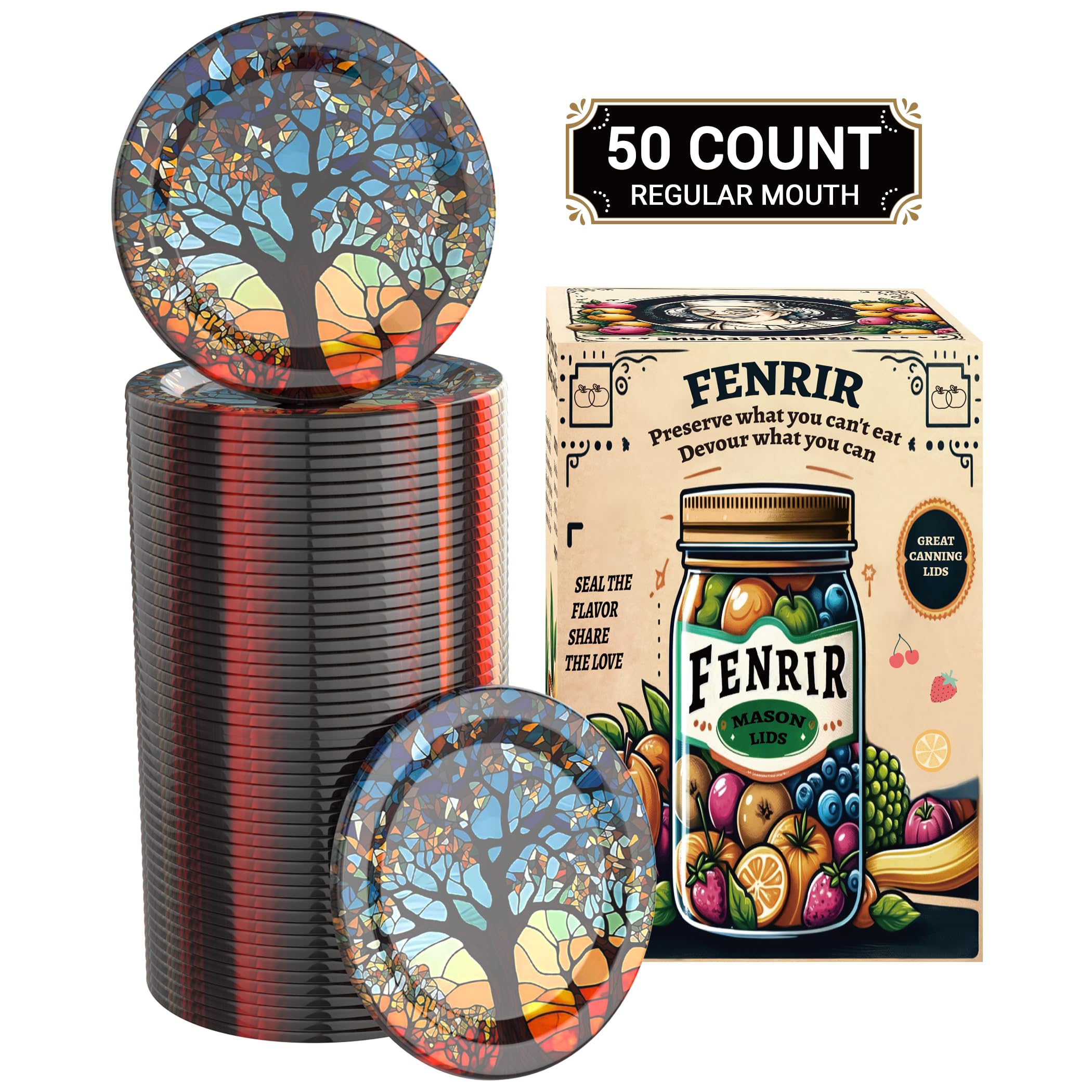 FENRIR 50Pcs Canning Lids blue close-up shows airtight seal for fresh storage.