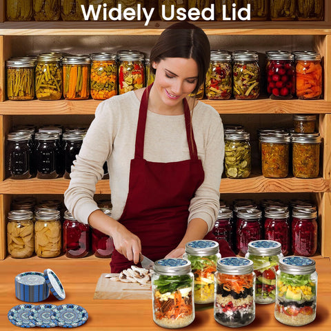 Colorful lid drawings add visual appeal to kitchen jars.