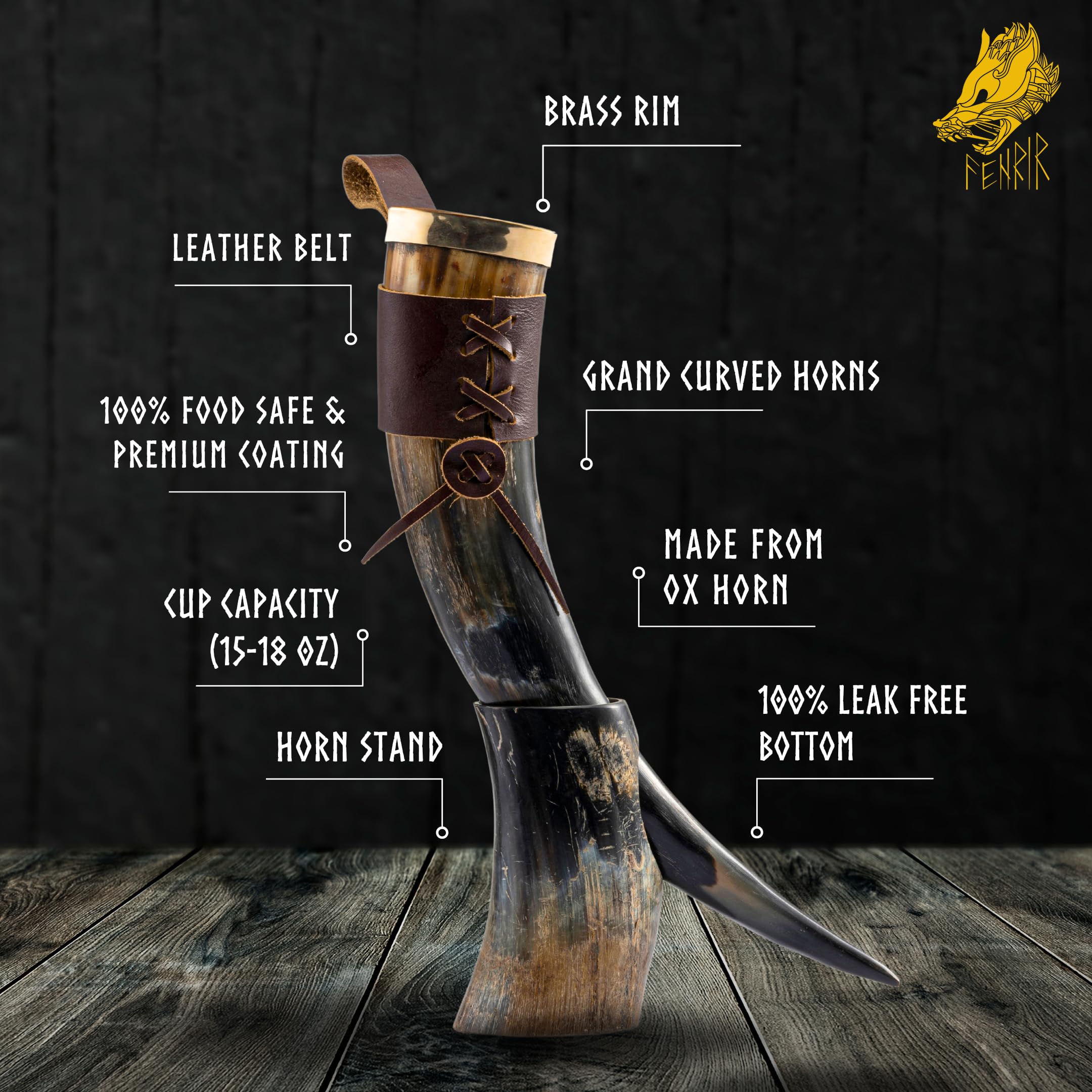 FENRIR natural ox horn cup shows 16 oz capacity