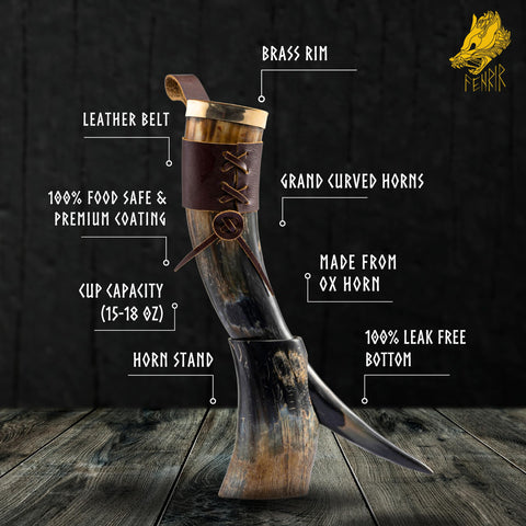 FENRIR natural ox horn cup shows 16 oz capacity