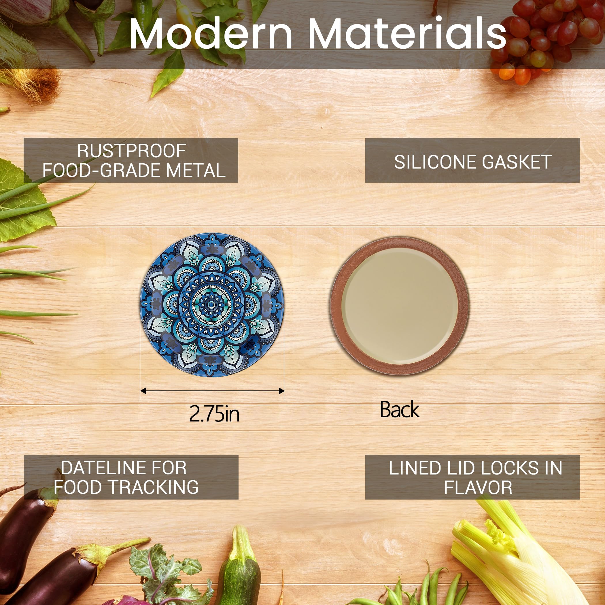 Rust-resistant steel construction shown on canning lids for durability.