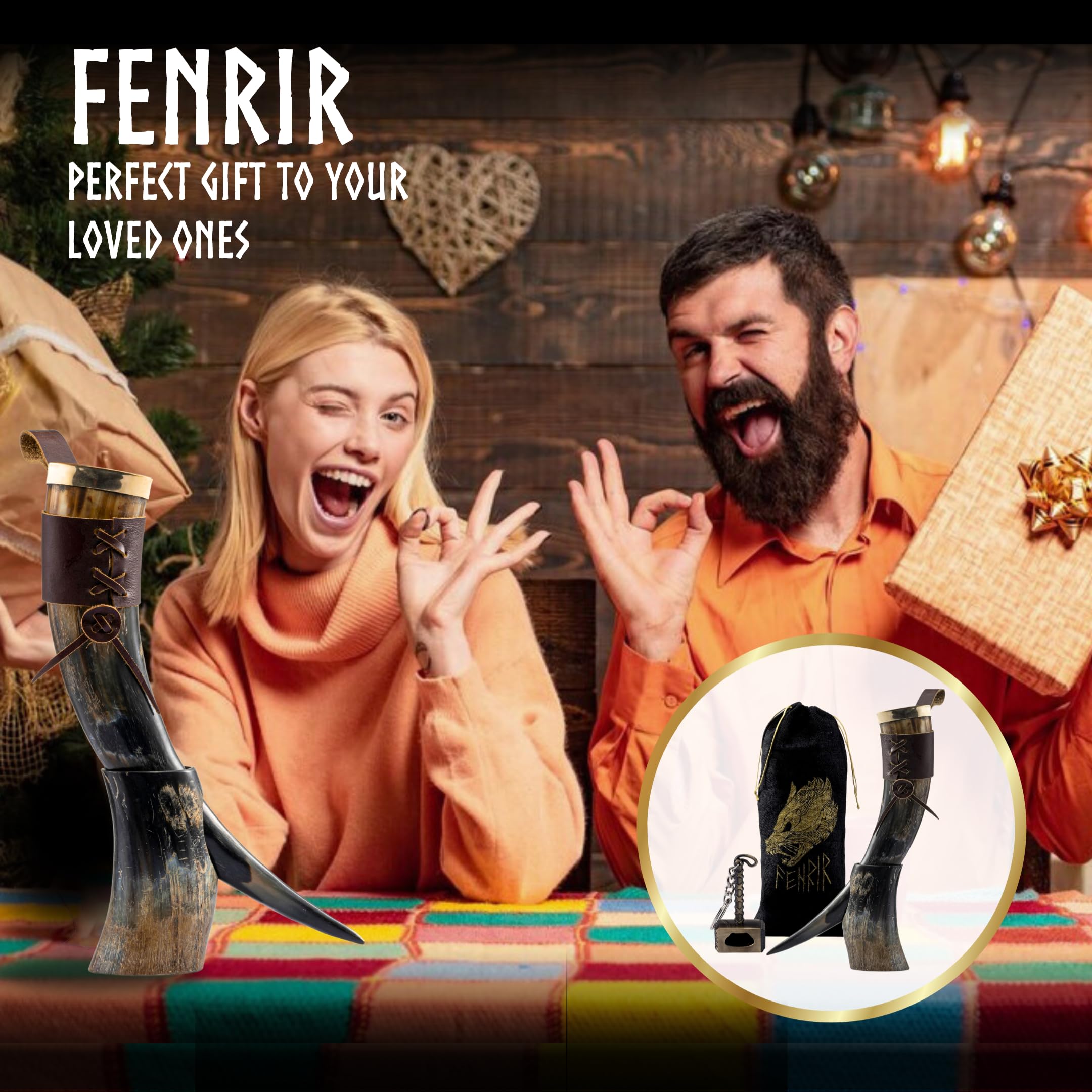 FENRIR 16 oz horn set displayed as a gift