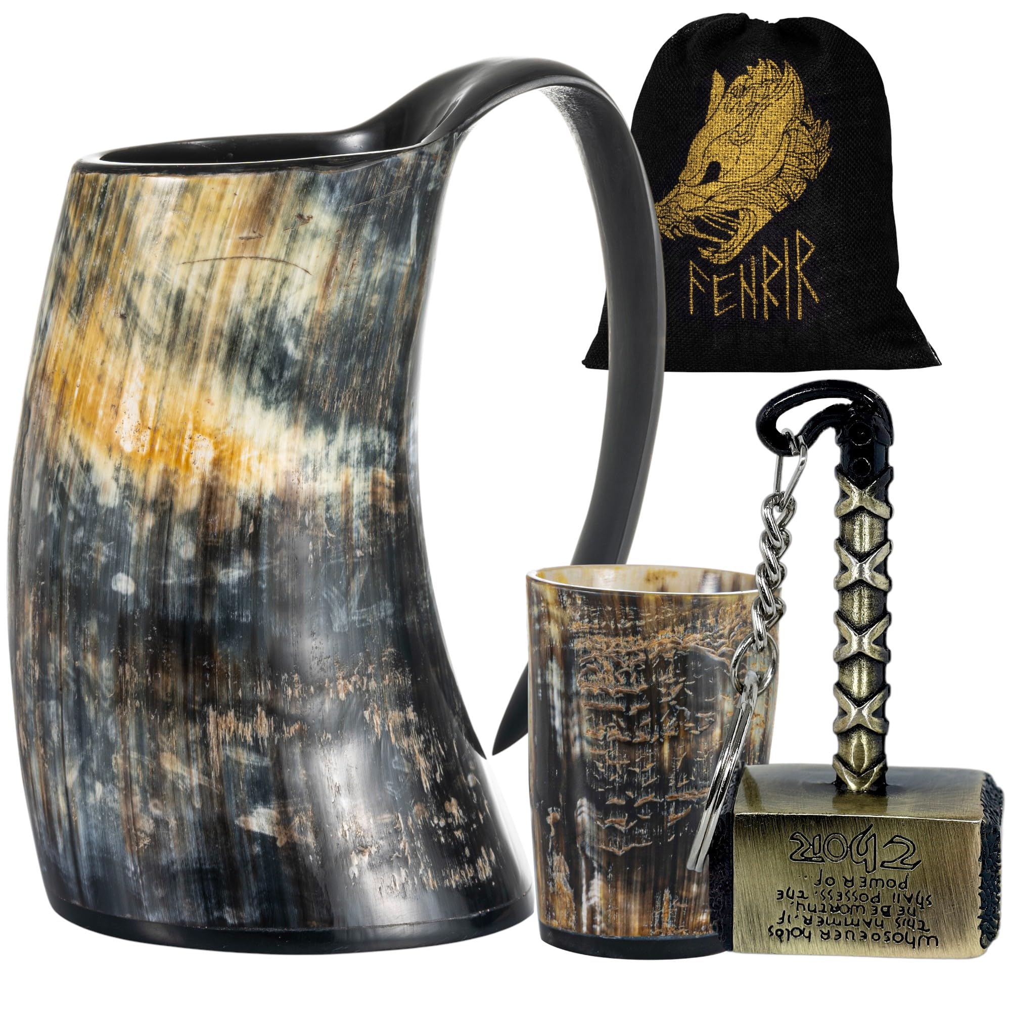 FENRIR Viking drinking horn mug front view with authentic ox horn finish for a rugged experience