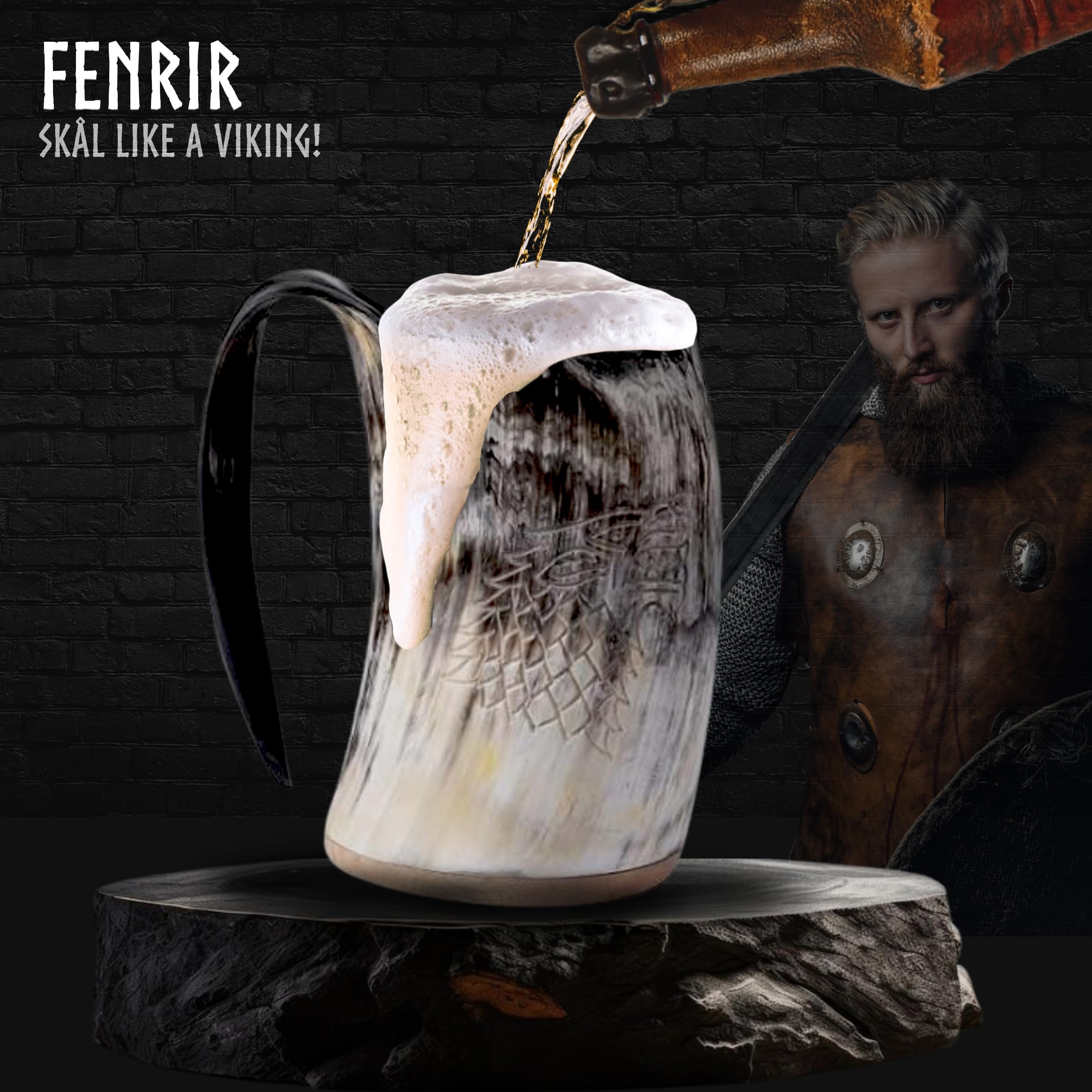 Fenrir Viking horn mug natural finish highlights unique craftsmanship.
