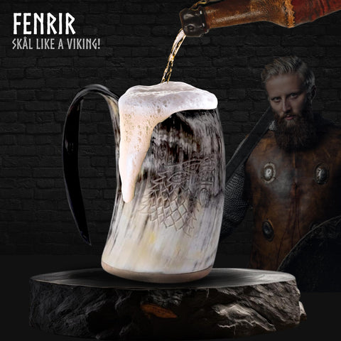 Fenrir Viking horn mug natural finish highlights unique craftsmanship.
