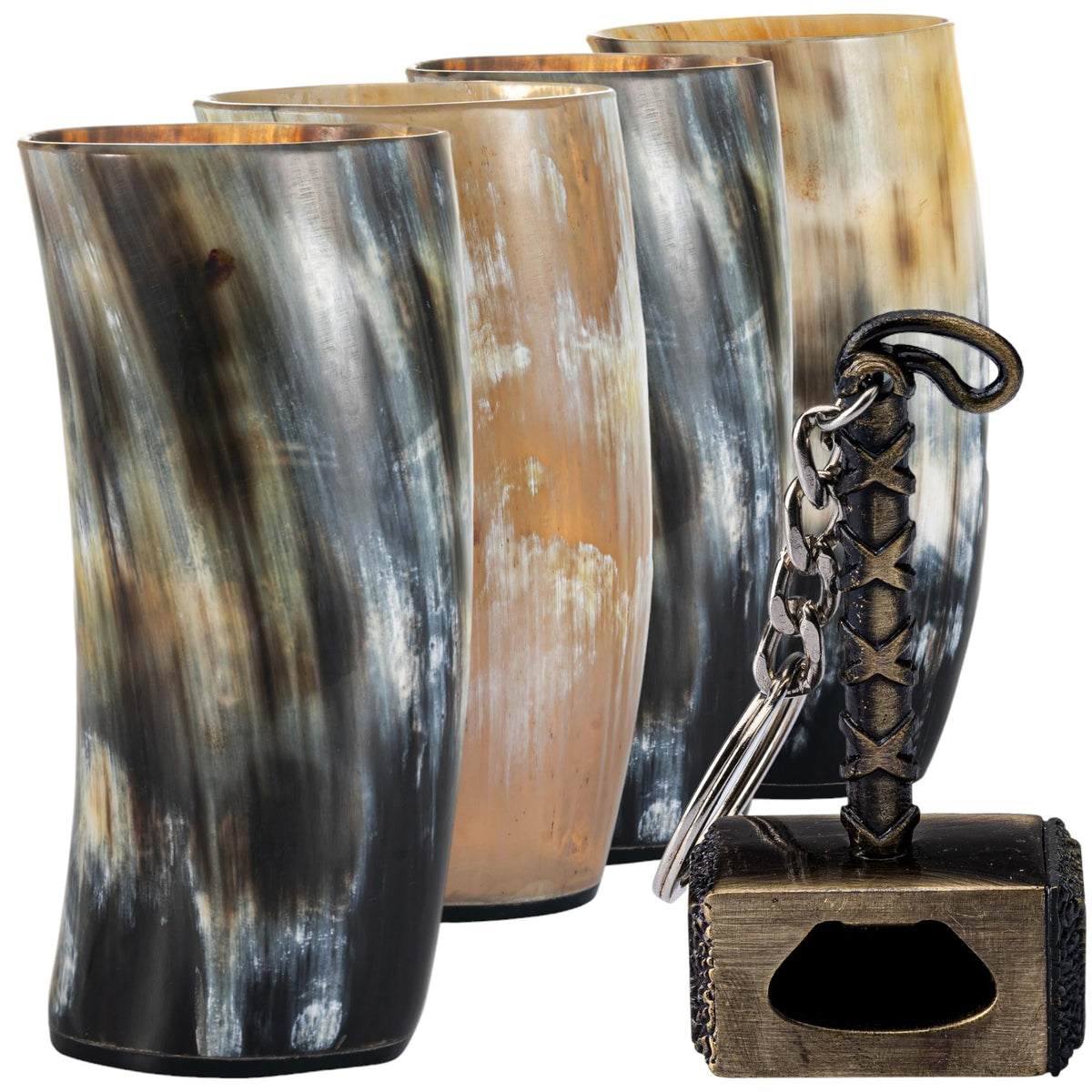 FENRIR Viking horn mug set front view shows authentic horn craftsmanship for beer or mead