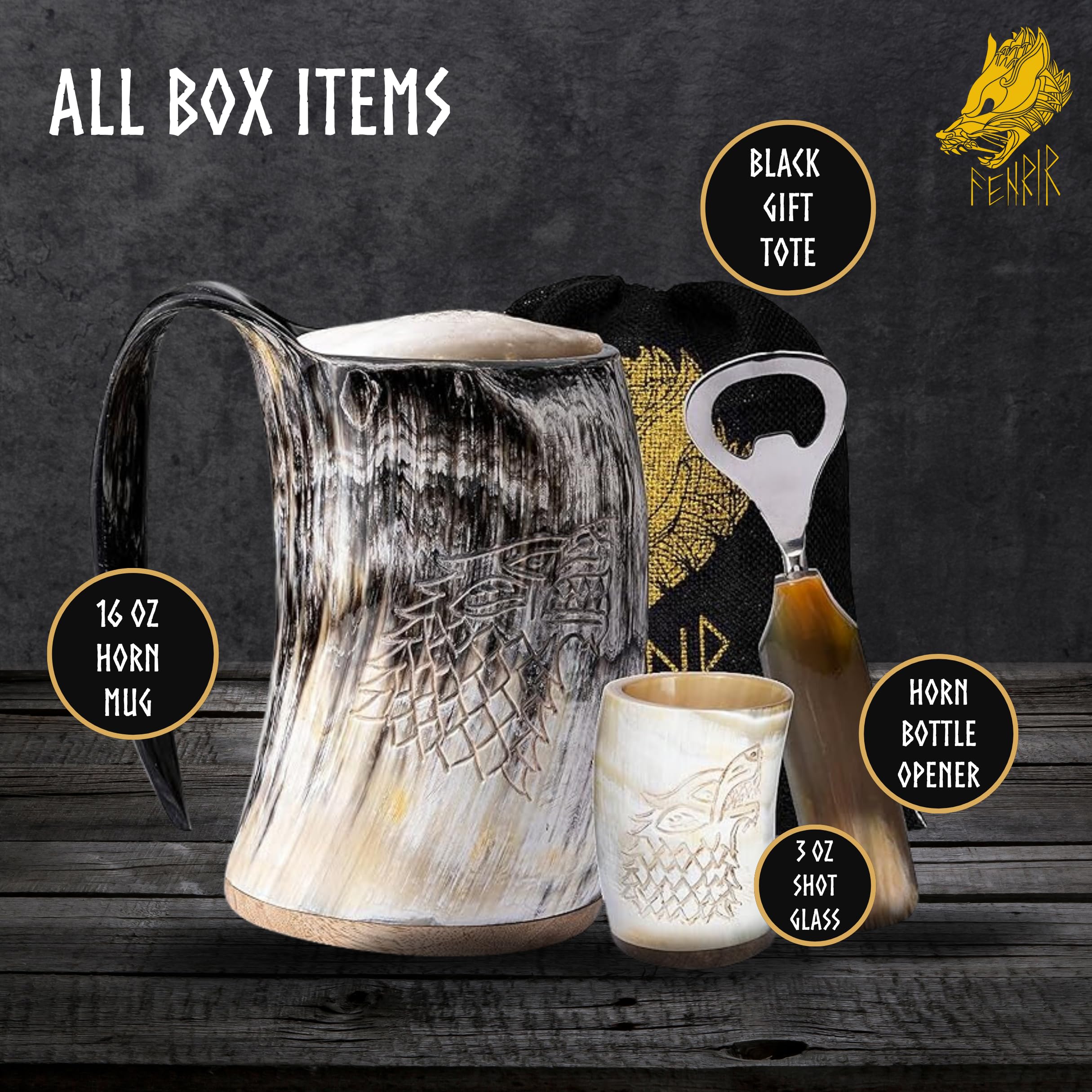 Fenrir horn mug with shot glass included ideal for beer tastings.