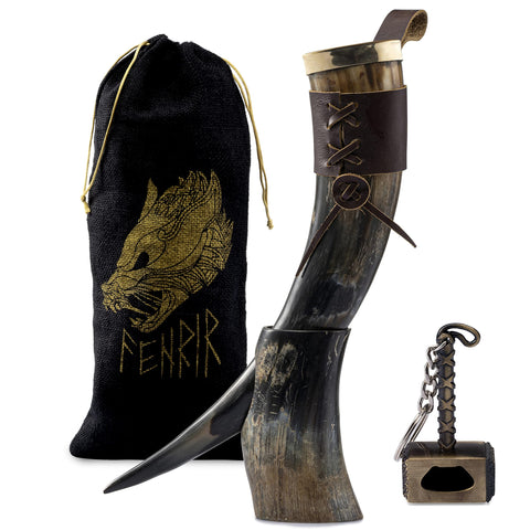 FENRIR Viking horn with stand on wood for beer gatherings