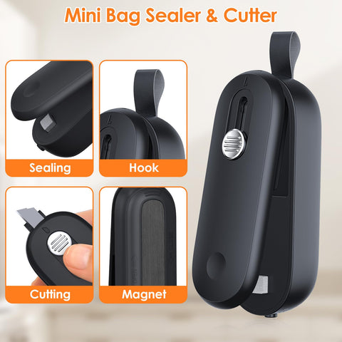 FEPPO mini sealer cutter in use seals bags quickly for on-the-go freshness.