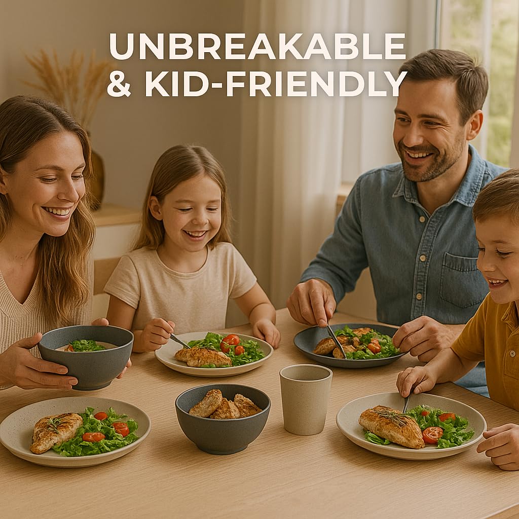Close-up of Fern & Soul unbreakable dishware showing sturdy wheat straw material.