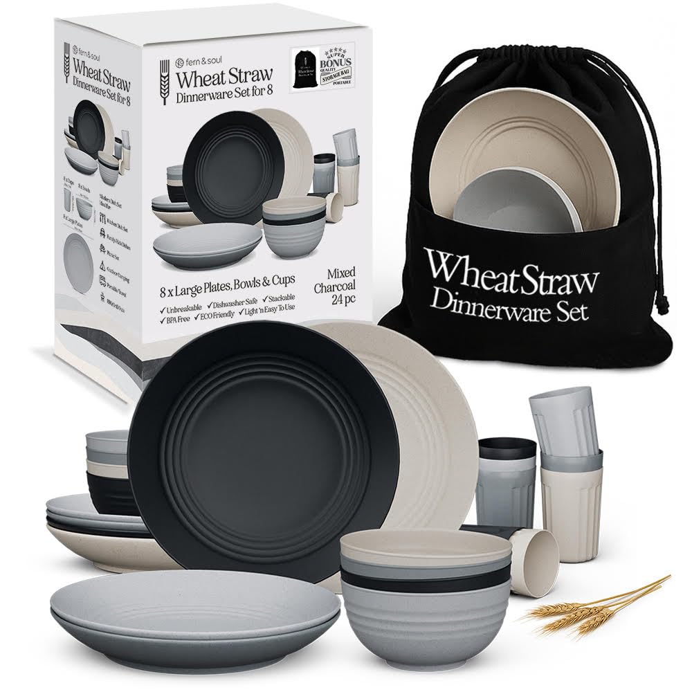 Fern & Soul wheat straw dinnerware plates in charcoal for stylish daily meals.