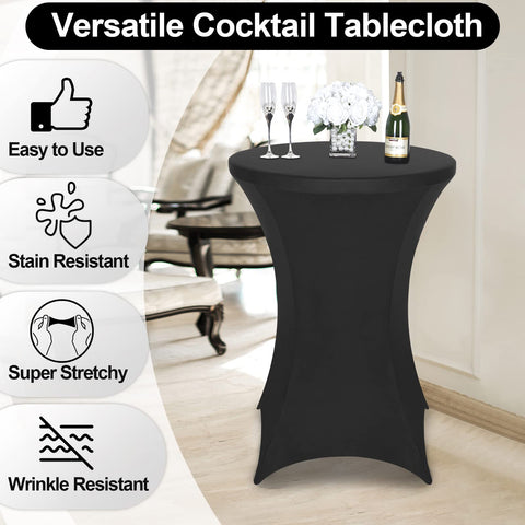 FestiCorp cocktail table cover with elastic pockets keeps the cloth secure during events.