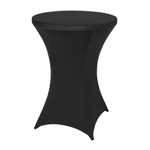 FestiCorp spandex black round table cover on a round table for a neat, wrinkle-free appearance.