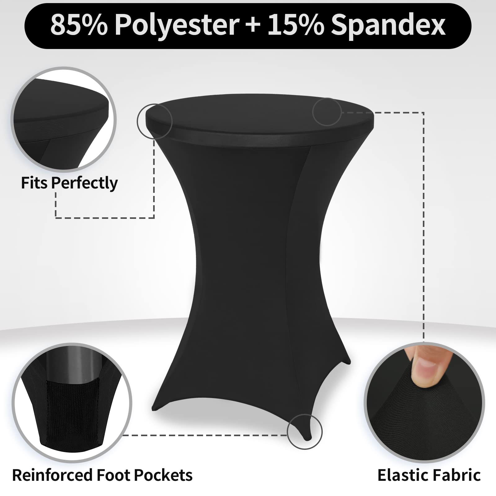 Durable FestiCorp stretch tablecloth offers stain resistance for indoor and outdoor gatherings.