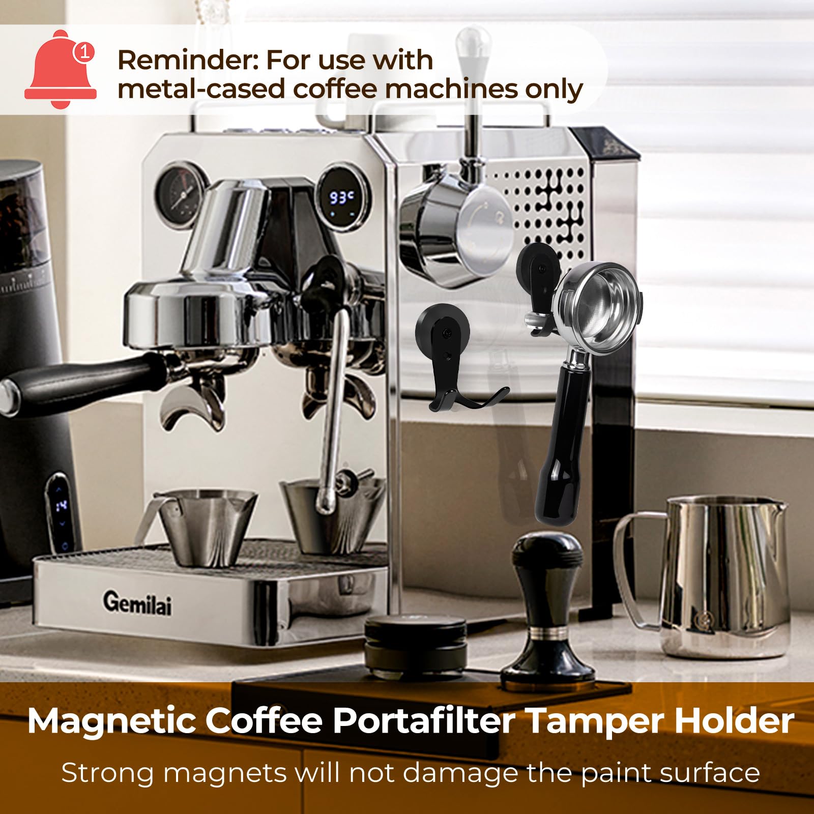FEUNLEM portafilter holder supports 51mm, 53mm, and 58mm with precise grip.