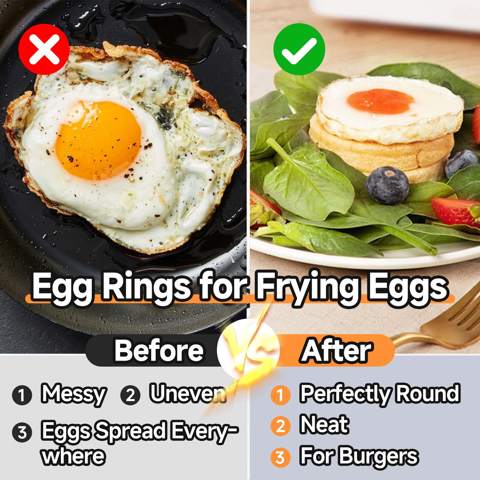 Fevbcnrj 3-5-inch egg ring with silicone handle keeps hands safe while cooking.
