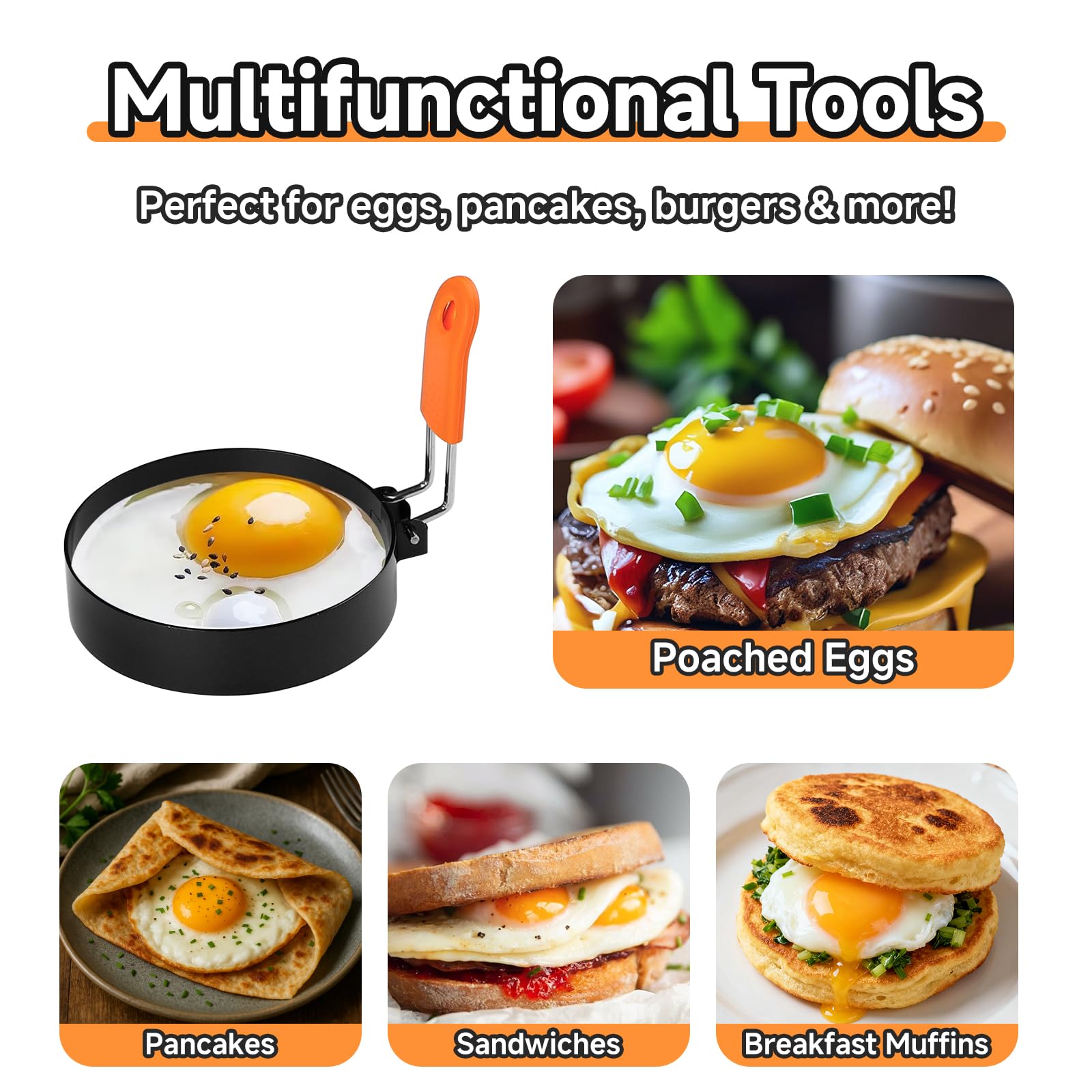 Fevbcnrj egg ring for pancakes and omelettes yields tidy, uniform shapes.