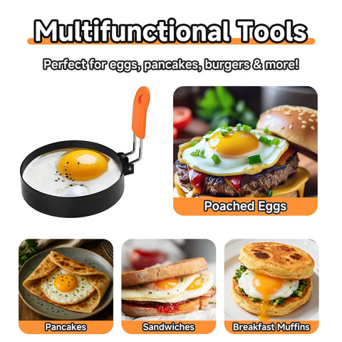 Fevbcnrj egg ring for pancakes and omelettes yields tidy, uniform shapes.