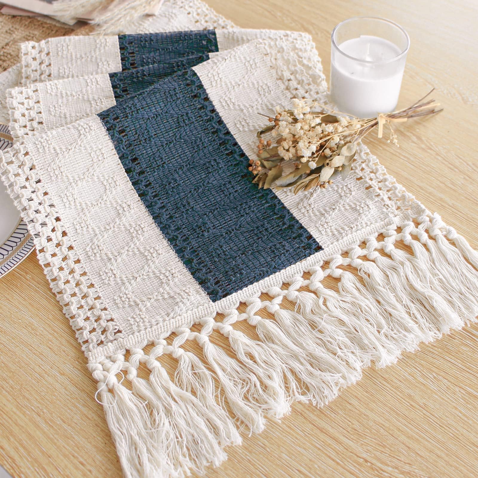 FEXIA boho blue table runner with tassels on a dining table adds rustic charm.