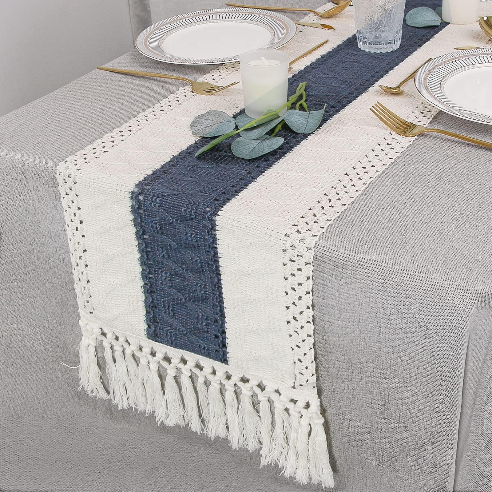 FEXIA boho blue table runner styled for bridal shower settings.