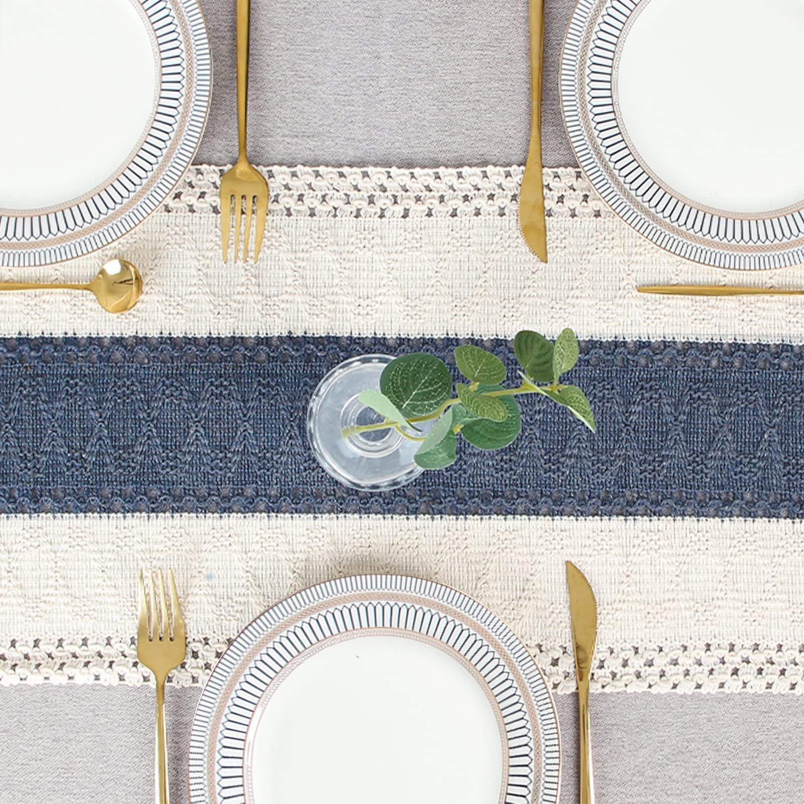 FEXIA boho blue table runner on living room coffee table for texture.