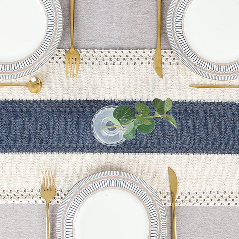 FEXIA boho blue table runner on living room coffee table for texture.