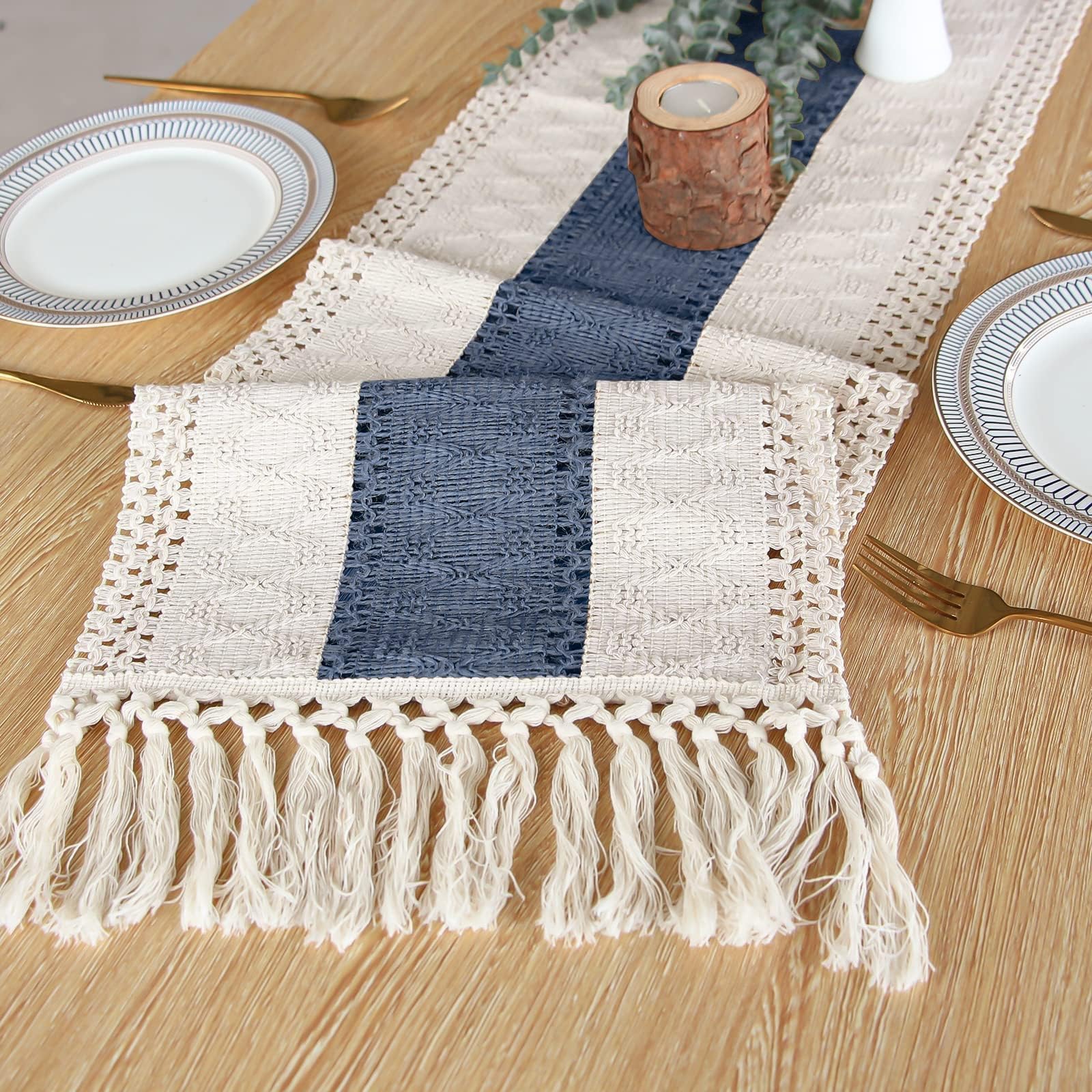 FEXIA wedding table decor using the blue macrame runner creates festive atmosphere.