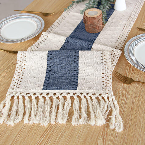FEXIA wedding table decor using the blue macrame runner creates festive atmosphere.