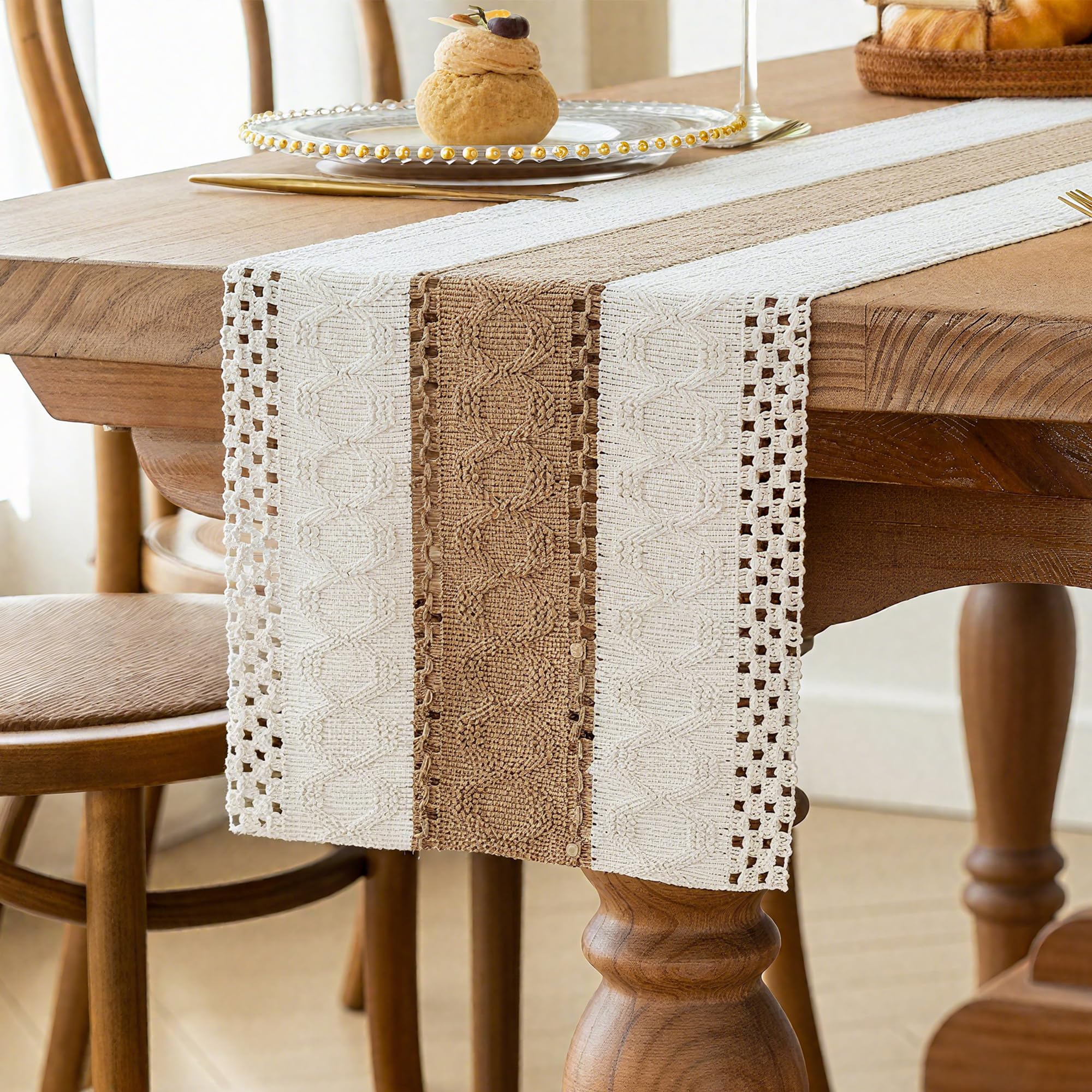 FEXIA boho table runner with out tassels adds rustic charm to a 90-inch table.