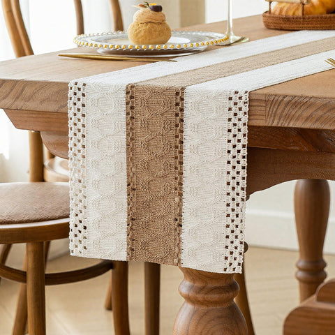 FEXIA boho table runner with out tassels adds rustic charm to a 90-inch table.