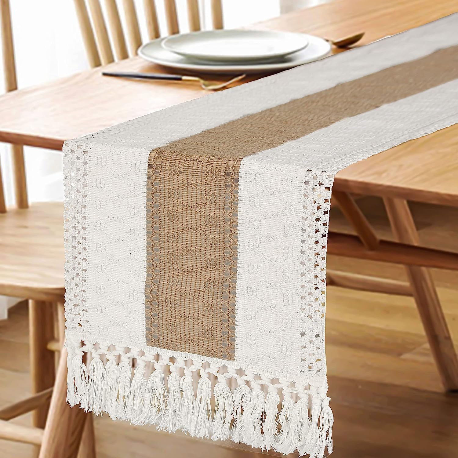 FEXIA Boho table runner in fall colors enhances seasonal tablescapes.