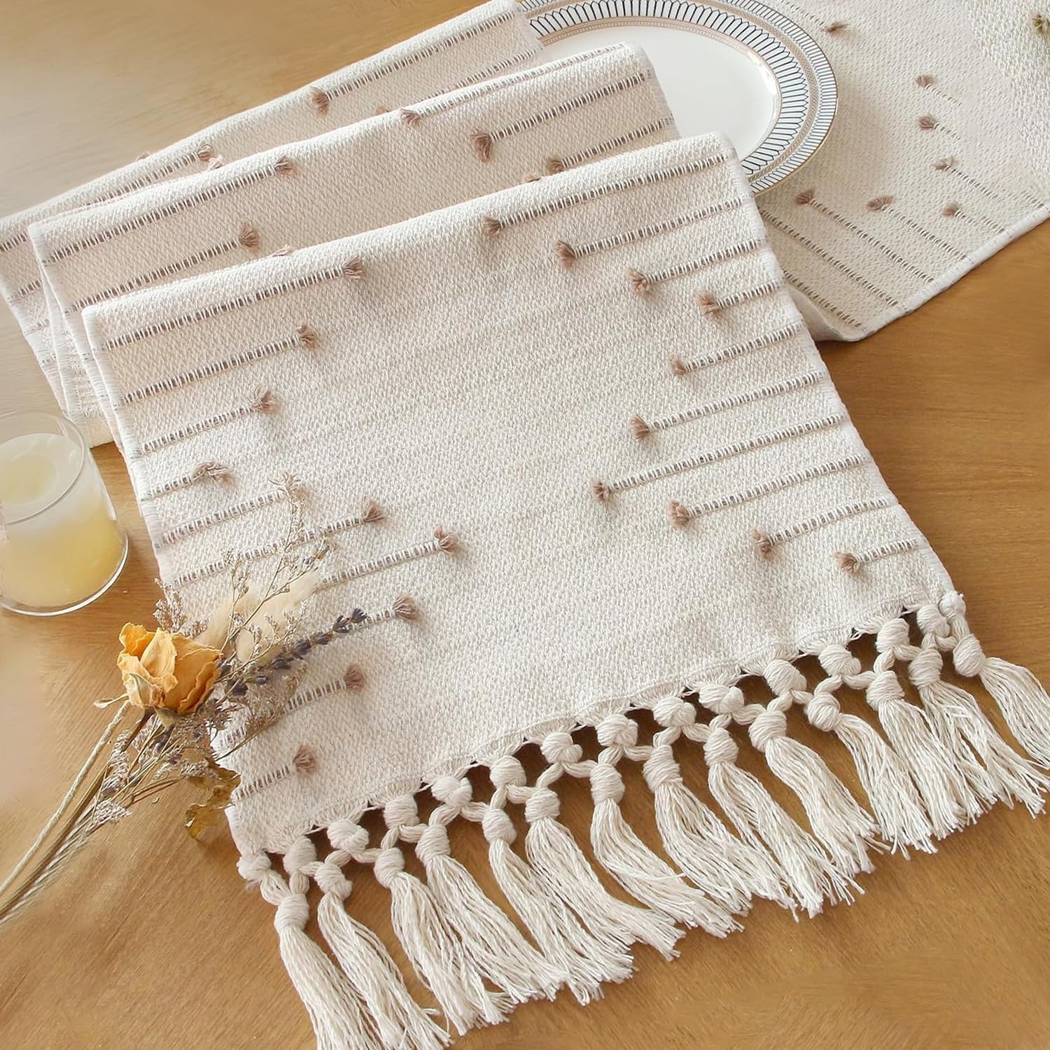 FEXIA boho table runner with tassels on a dining table for rustic charm