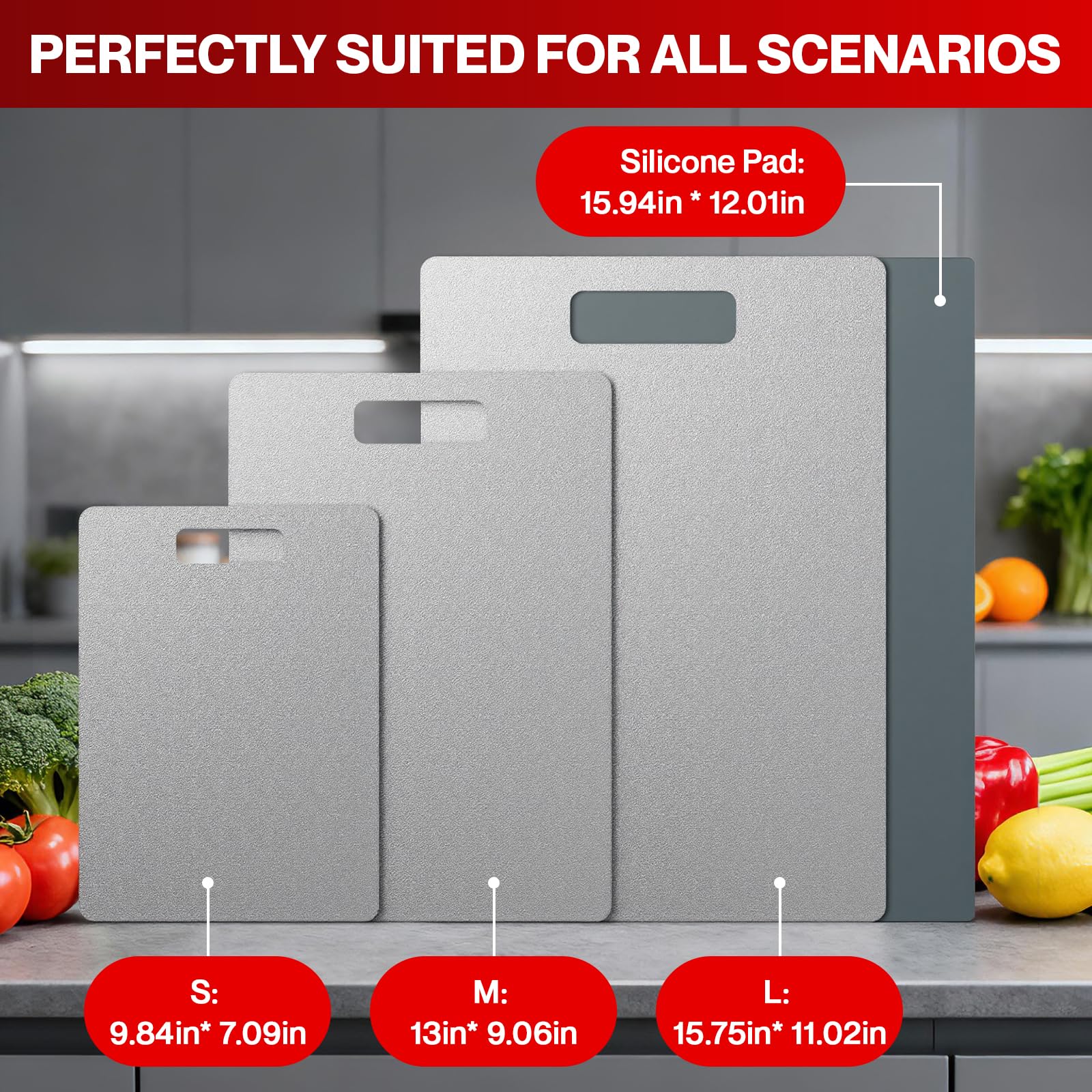 Fgreeble titanium cutting board set 3 dual-sided design keeps foods separate during prep.