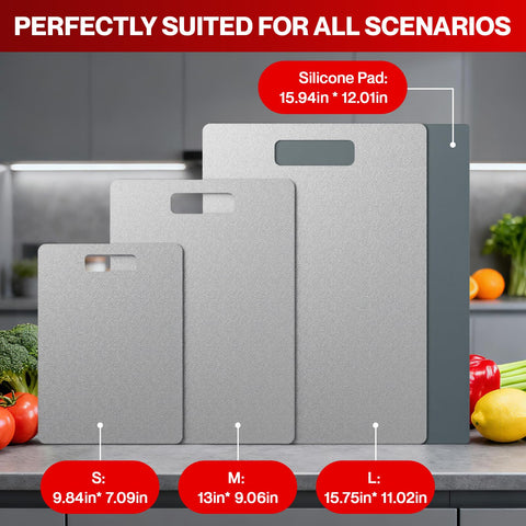 Fgreeble titanium cutting board set 3 dual-sided design keeps foods separate during prep.