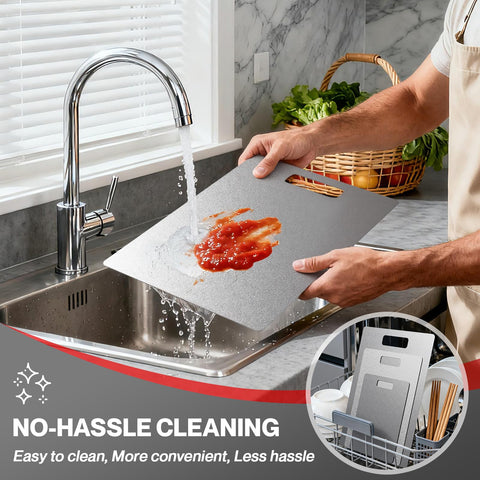 Fgreeble titanium cutting board set 3 non-porous finish resists odor and stains.