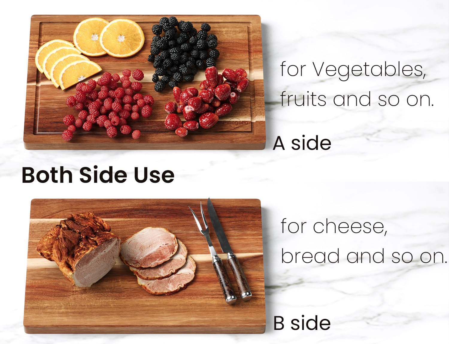 Fibogollo medium acacia board perfect for fruit slicing and prep.