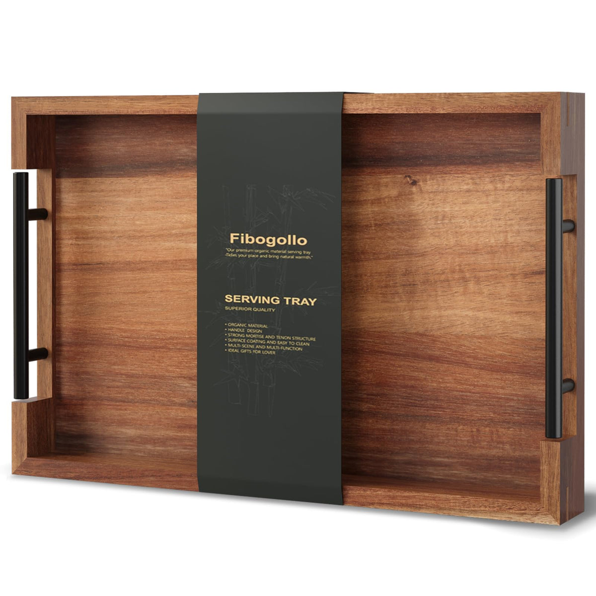 Fibogollo acacia wood serving tray with metal handles on a coffee table for easy serving