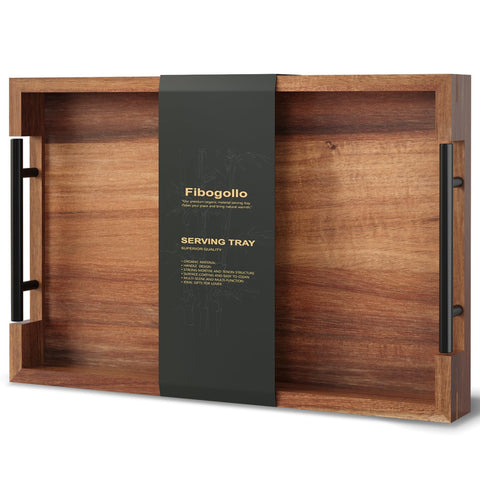 Fibogollo acacia wood serving tray with metal handles on a coffee table for easy serving
