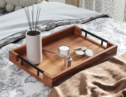 Fibogollo acacia wood tray showcasing rustic charm and smooth surface in living space