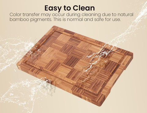 Fibogollo board with deep juice groove helps catch liquids during prep.