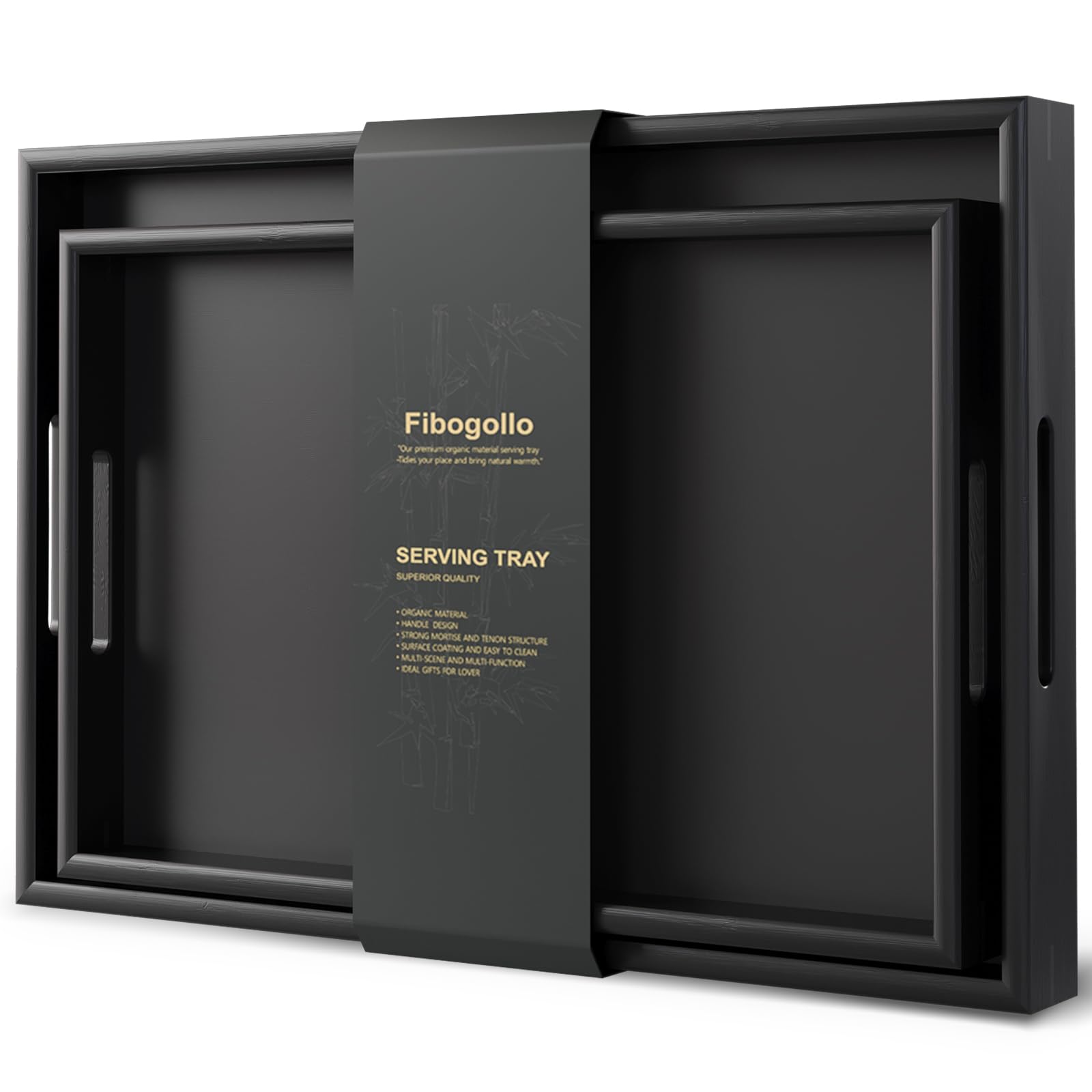 Fibogollo bamboo serving tray large size with black finish, ideal for family meals and entertaining.
