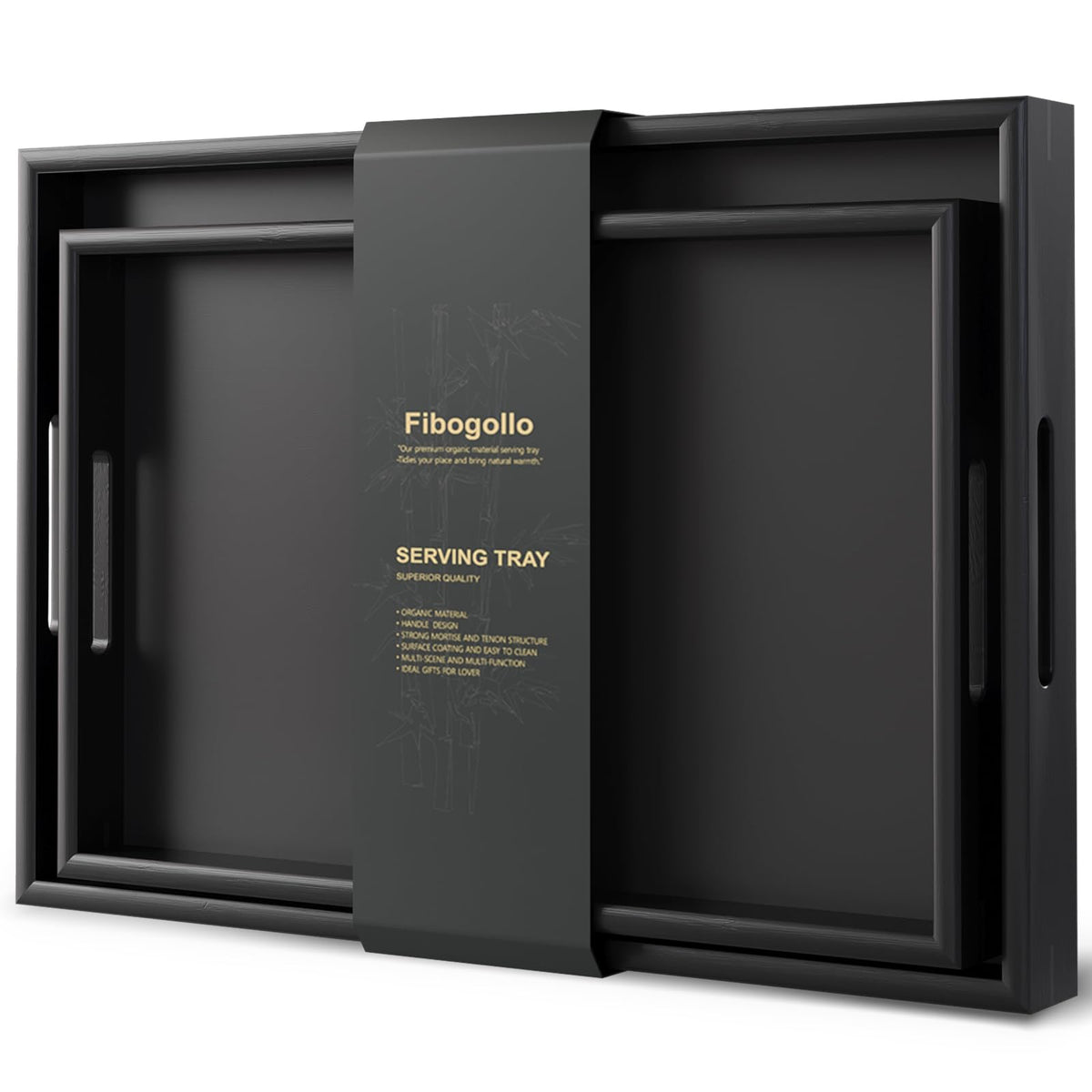 Fibogollo bamboo serving tray large size with black finish, ideal for family meals and entertaining.