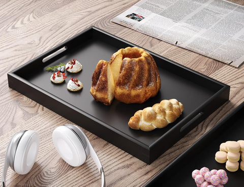 Fibogollo bamboo serving tray used in bed for a cozy breakfast in bed setup.