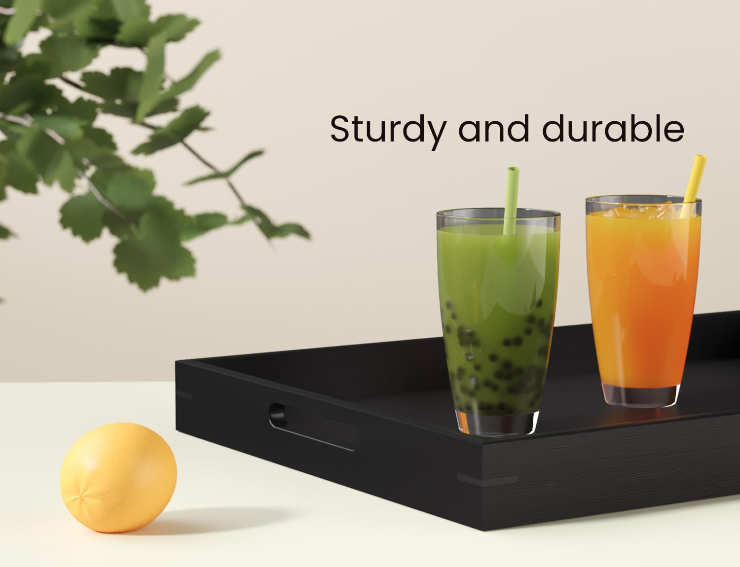 Fibogollo bamboo tray detail with handles, showcasing durable construction and elegance.