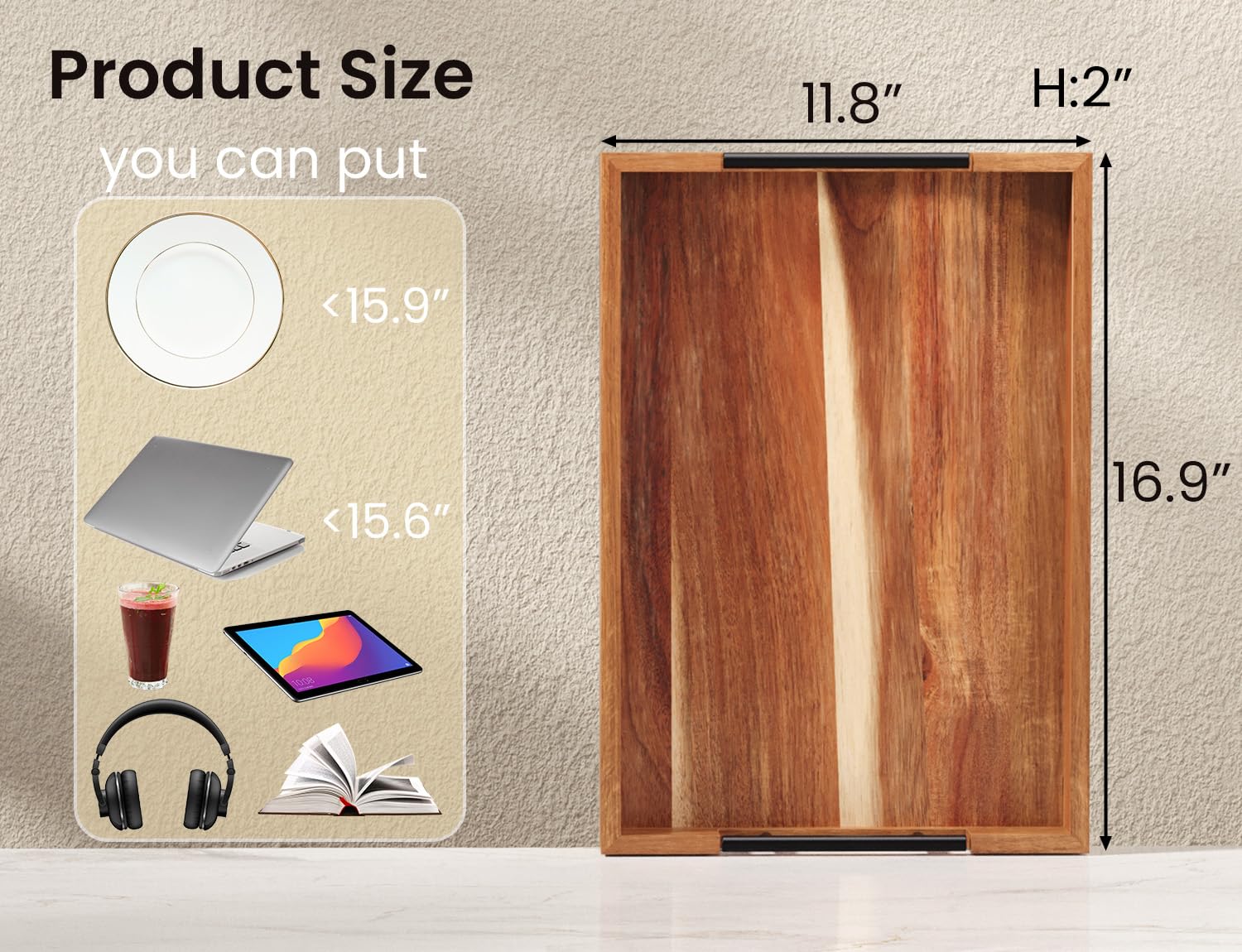 Fibogollo acacia tray handles daily meals, beverages, and entertaining setups with versatility.
