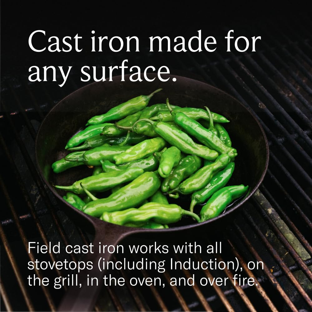 Field Company skillet with dimension reference for 2–4 servings