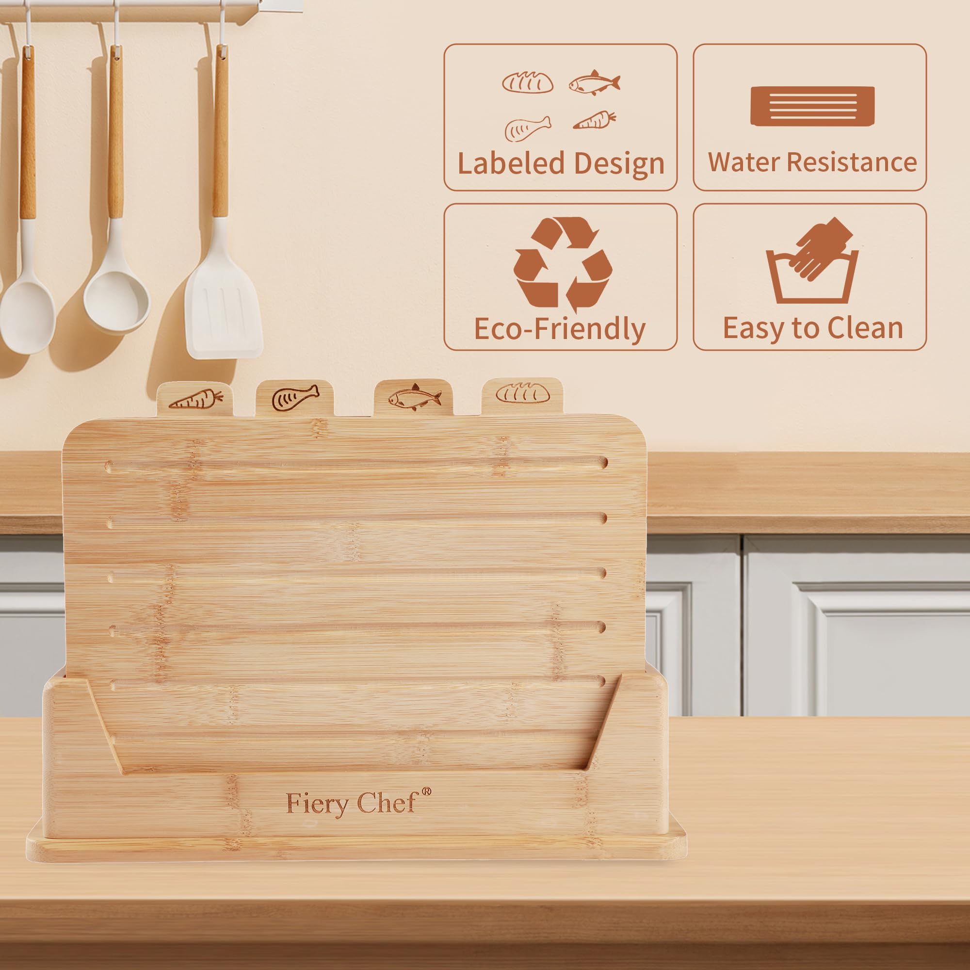 Fiery Chef chopping board holder keeps boards upright.