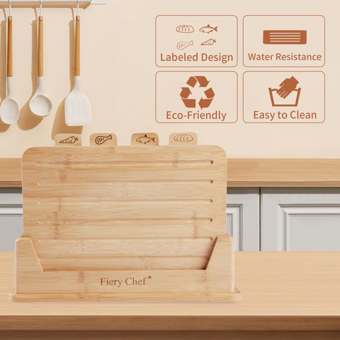Fiery Chef chopping board holder keeps boards upright.